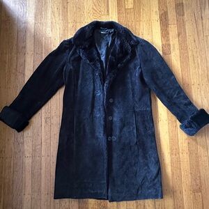 VINTAGE SUEDE FAUX FUR TRIM COAT BLACK SIZE M